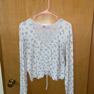 Hollister White Floral Drawstring Long Sleeve Top